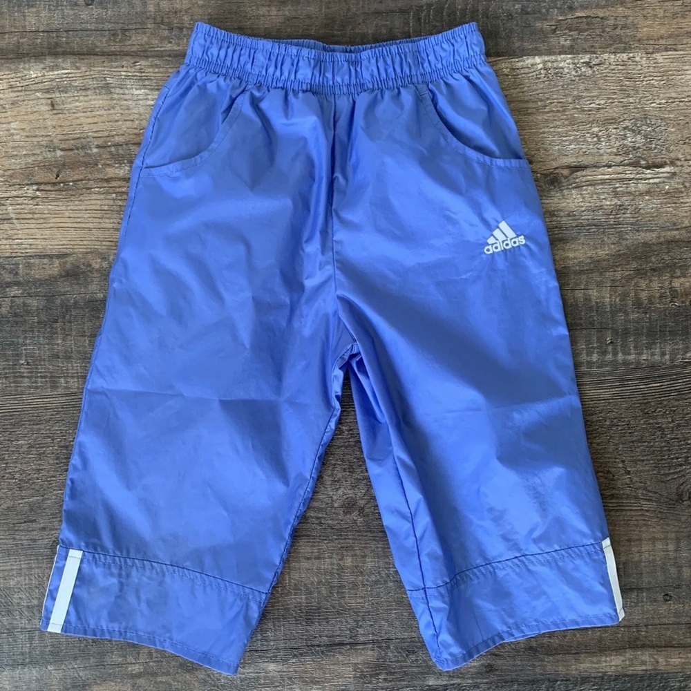 Girl’s M 5 VTG 2001 Adidas Sky Blue White Striped Nylon Cropped Wind Pants EXC